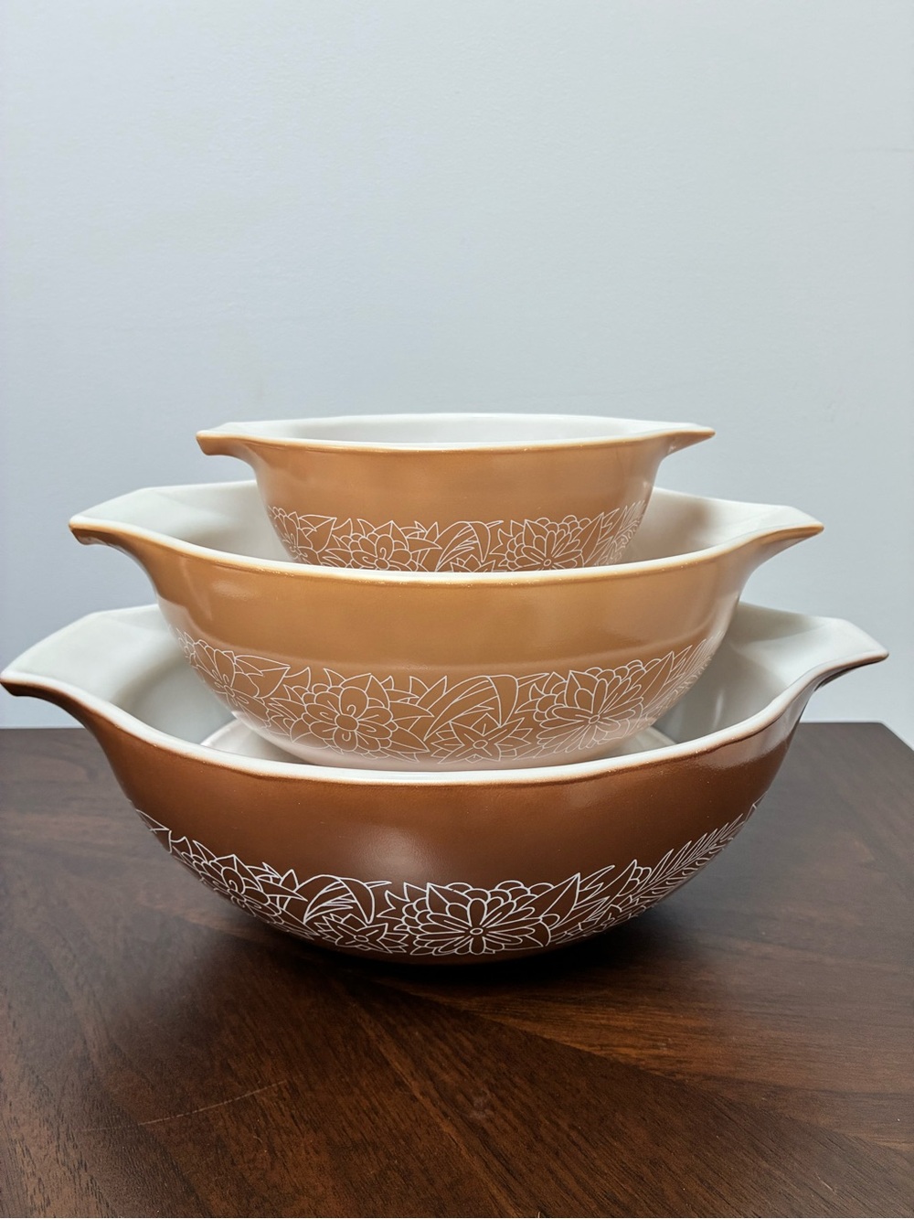Pyrex 1970’s Vintage Cinderella mixing bowl set in the Woodland pattern 3 pc
